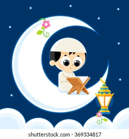 Happy Ramadan _ Child Reading Quran (the holy book of Islam) 
