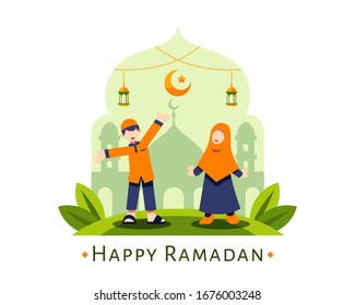 Happy Ramadan Background With Cute Moslem Boy And Girl Character Standing In Front Of Mosque Silhouette Vector