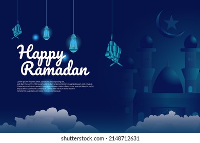 happy ramadan background with dark blue color, decorated with lights and diamonds