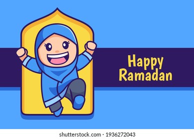 happy Ramadan cartoon muslim girl jump 