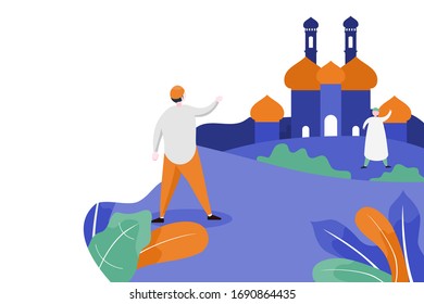 happy ramadan concept with tiny people character for web landing page template, banner, flyer and presentation. vector illustration. flat design