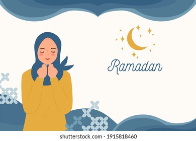 happy Ramadan - eid greeting banner with prayer woman wear hijab