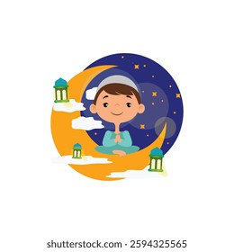 Happy Ramadan and Eid Mubarak, children's cartoon illustration