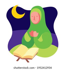 Feliz Ramadán y Eid Mubarak Kareem. Mujeres musulmanas rezan con el Corán en la temporada del festival islámico. - ilustración vectorial