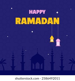 Happy Ramadan greeting card with mosque silhouette and lanterns