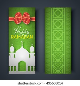 Happy Ramadan greeting cards or banners with mosque and bow. Background is decorated with arabic pattern. For holy month of muslim community Ramadan Kareem celebration