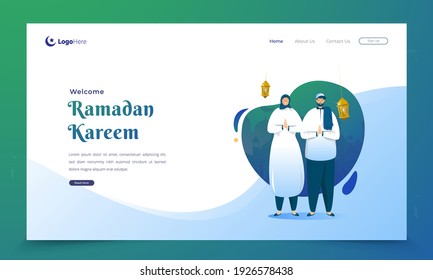 Happy Ramadan greeting illustration on landing page, Celebrating the arrival of the month of Ramadan Kareem