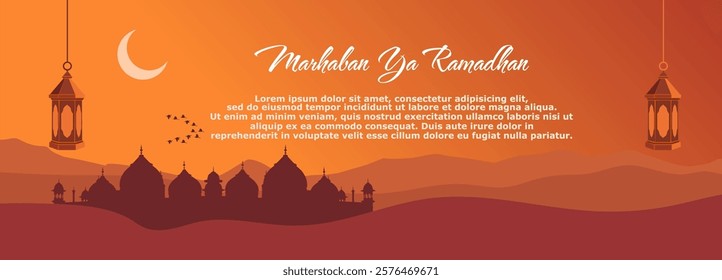 Happy Ramadan Greetings. With Mosque, Lantern and Crescent Moon Illustration. Islamic holiday banner, suitable for Ramadan, Eid al-Fitr or Eid al-Adha and Islamic New Year.