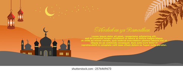 Happy Ramadan Greetings. With Mosque, Lantern and Crescent Moon Illustration. Islamic holiday banner, suitable for Ramadan, Eid al-Fitr or Eid al-Adha and Islamic New Year.