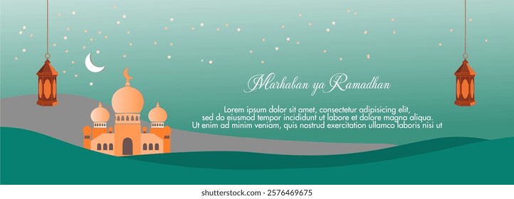 Happy Ramadan Greetings. With Mosque, Lantern and Crescent Moon Illustration. Islamic holiday banner, suitable for Ramadan, Eid al-Fitr or Eid al-Adha and Islamic New Year.