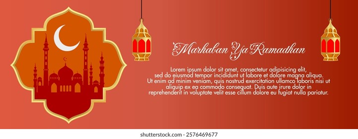 Happy Ramadan Greetings. With Mosque, Lantern and Crescent Moon Illustration. Islamic holiday banner, suitable for Ramadan, Eid al-Fitr or Eid al-Adha and Islamic New Year.