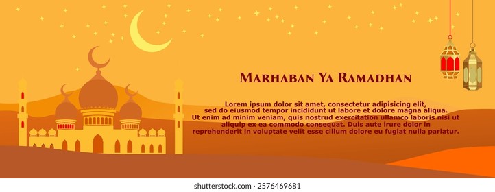 Happy Ramadan Greetings. With Mosque, Lantern and Crescent Moon Illustration. Islamic holiday banner, suitable for Ramadan, Eid al-Fitr or Eid al-Adha and Islamic New Year.