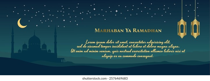 Happy Ramadan Greetings. With Mosque, Lantern and Crescent Moon Illustration. Islamic holiday banner, suitable for Ramadan, Eid al-Fitr or Eid al-Adha and Islamic New Year.