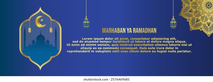 Happy Ramadan Greetings. With Mosque, Lantern and Crescent Moon Illustration. Islamic holiday banner, suitable for Ramadan, Eid al-Fitr or Eid al-Adha and Islamic New Year.