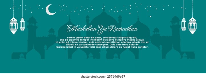 Happy Ramadan Greetings. With Mosque, Lantern and Crescent Moon Illustration. Islamic holiday banner, suitable for Ramadan, Eid al-Fitr or Eid al-Adha and Islamic New Year.