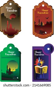 happy ramadan hang tag vector in brown, red, green and blue background