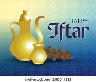 Happy Ramadan Iftar with dates and hot tea with Islamic decorations