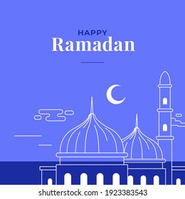 Happy Ramadan Islam fasting event poster background with monoline mosque decoration vector illustration deign