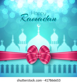 Happy Ramadan Islamic Greeting Background with mosque and bow. Vector festive design for holy month of muslim community Ramadan Kareem celebration