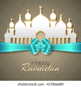 Happy Ramadan Islamic Greeting Background with mosque and bow. Vector festive design for holy month of muslim community Ramadan Kareem celebration