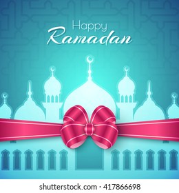 Happy Ramadan Islamic Greeting Background with mosque and bow. Vector festive design for holy month of muslim community Ramadan Kareem celebration