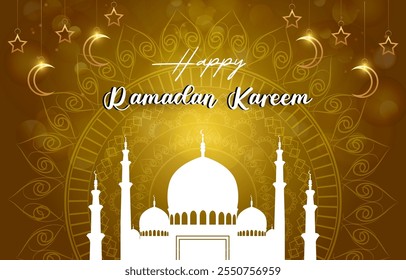 feliz ramadan kareem 2025 modelo banner com belo ornamento islâmico com projeto de fundo marrom