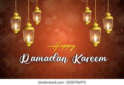 happy ramadan kareem 2025 template banner with beautiful islamic ornament with orange background design