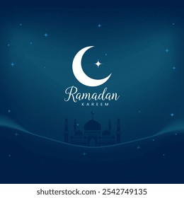 Happy Ramadan Kareem Background Design With Silhouette Mosque and Crescent Moon