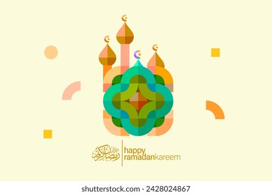 Happy Ramadan Kareem Background. Ied Mubarak.  Bauhaus style colorfull pattern.