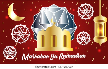 Happy Ramadan Kareem banner, greeting card posters or invitations design with islamic lanterns, stars and moon on gold and red background. Vector illustration. Place for text.