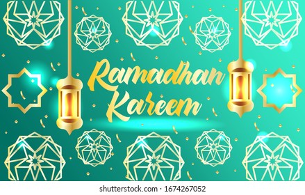 Happy Ramadan Kareem of banner, greeting card posters or invitations design with islamic lanterns, stars and moon on gold and green background. Vector illustration. Place for text.