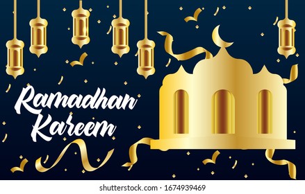 Happy Ramadan Kareem of banner, greeting card posters or invitations design with islamic lanterns, stars and moon on gold and dark blue background. Vector illustration. Place for text.