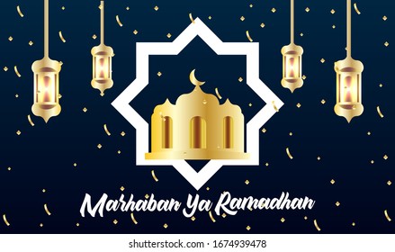 Happy Ramadan Kareem of banner, greeting card posters or invitations design with islamic lanterns, stars and moon on gold and dark blue background. Vector illustration. Place for text.