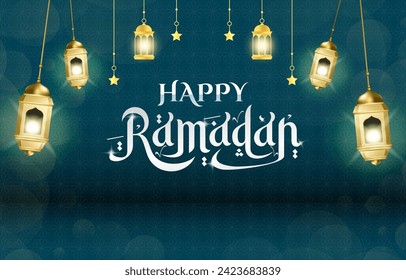 happy ramadan kareem banner with islamic ornament and abstract gradient green and blue background design 19