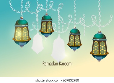 Happy Ramadan Kareem banner, vector card. Arabic shining lamps. Ornate vector banner.