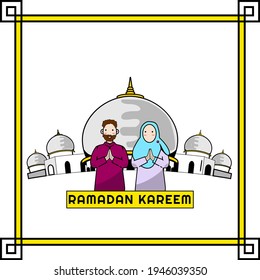 Happy ramadan kareem with cute illustration Free Vector better for instagram feed, story, etc
