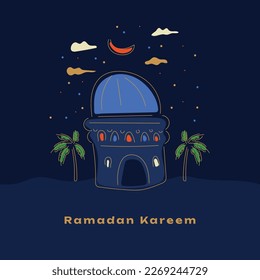 Happy ramadan kareem, digital drawing of mosque cloud crescent palm tree vector illustration.