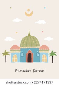 Happy ramadan kareem, digital drawing of mosque cloud crescent palm tree vector illustration.