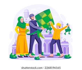 Feliz Ramadán Kareem y Feliz Eid Mubarak. Una familia musulmana sostiene un gran Ketupat. La comida tradicional de Ramadán es arroz envasado o Ketupat. Ilustración vectorial en estilo plano