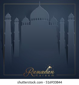 Happy Ramadan Kareem greeting card banner mosque silhouette paper cut style