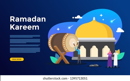Happy ramadan kareem greeting concept with people character For Wallpaper, Banner, Illustration, social, Web Landing Page template. Islamic eid fitr or adha mubarak flat design illustration - Vector
