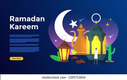 Happy ramadan kareem greeting concept with people character For Wallpaper, Banner, Illustration, social, Web Landing Page template. Islamic eid fitr or adha mubarak flat design illustration - Vector