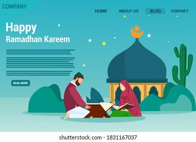 Happy ramadan kareem greeting concept with people character For Wallpaper, Banner, Illustration, social, Web Landing Page template. Islamic eid fitr or adha mubarak flat design illustration - Vector