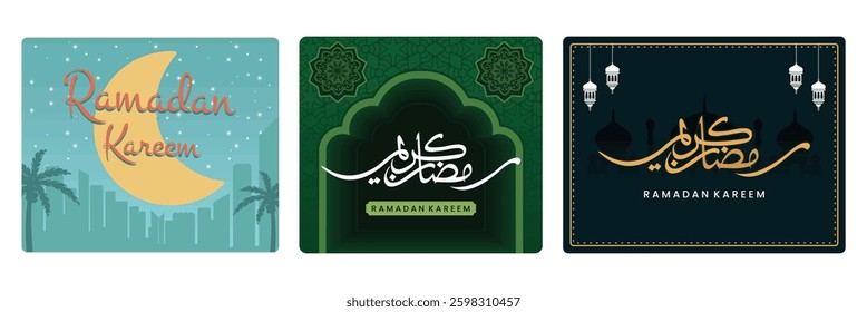 Happy Ramadan Kareem greeting with crescent moon and city silhouette.  greeting card featuring Arabic calligraphy.  Hanging lanterns on a dark background. Ramadan concept. Set flat vector illustration