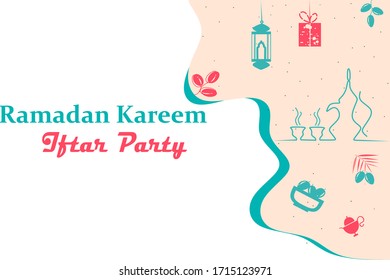 Happy Ramadan Kareem Iftar Party theme. Can use for background, poster, flyer, infographic, presentation, layout template design. Islamic icons concept in flat modern vector.