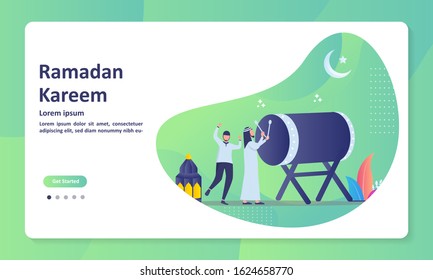 Happy Ramadan Kareem islamic concept, greeting card for moslem holy month, iftar after fasting, ied mubarak with lantern and mosque. Suitable for web landing page, ui, mobile app, banner template. 