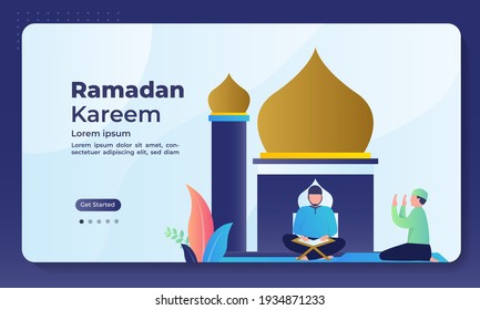 Happy Ramadan Kareem islamic concept, greeting card for moslem holy month, iftar after fasting, ied mubarak with lantern and mosque. Suitable for web landing page, ui, mobile app, banner template