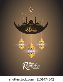 Happy Ramadan Kareem islamic design with three golden lantern, mosque and calligraphy. vector illustration for holy month ramadan celebration