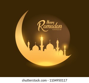 Happy Ramadan kareem islamic design with shiny golden mosque and moon. vector illustration for holy month ramadan celebration