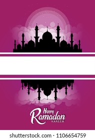 Happy Ramadan kareem islamic design with purple background, black mosque and cloud. vector illustration for holy month ramadan celebration.